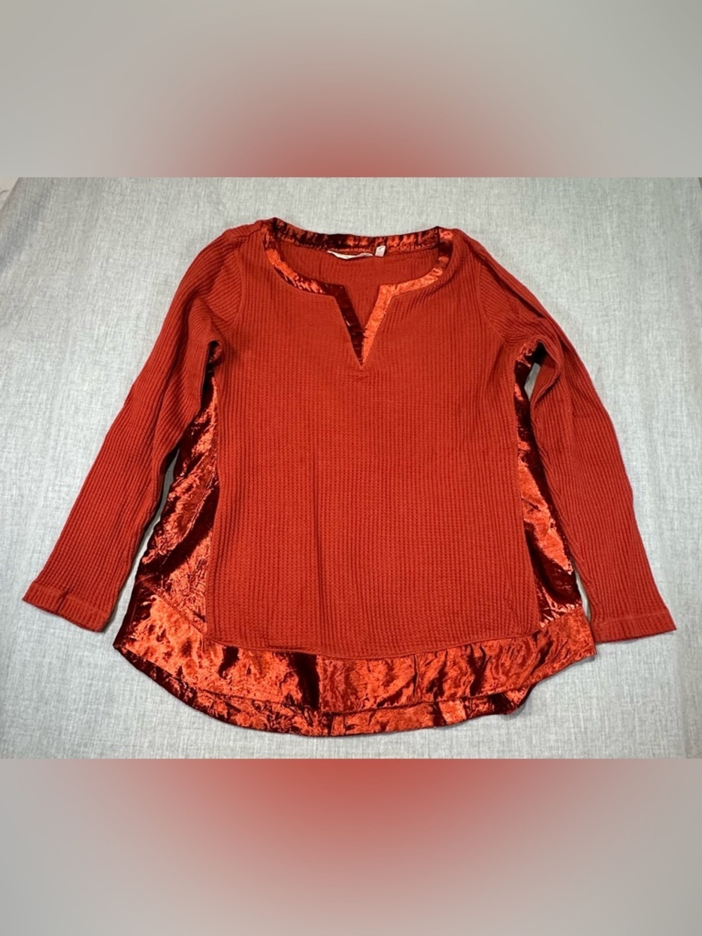 Soft Surroundings Velvet-Trim Waffle Knit Long Sleeve Top - Cajun red Sz M